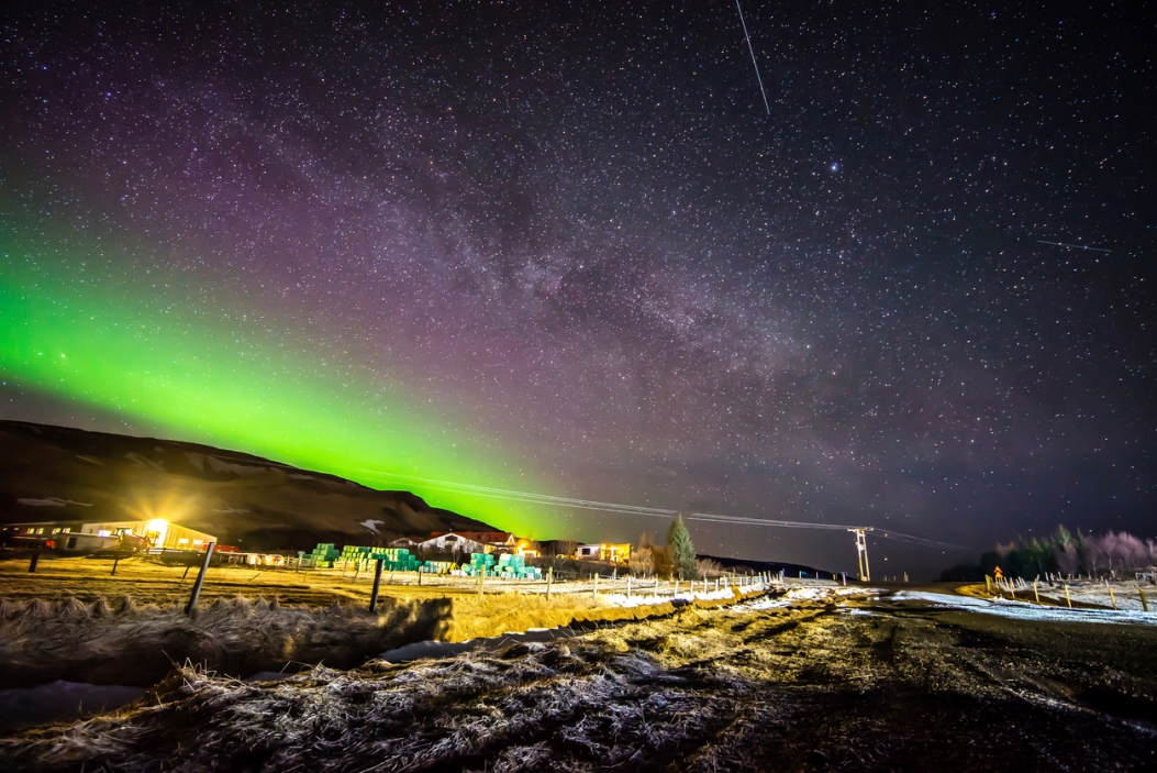 Aurora Borealis and the Milky Way seen in Hunkubakkar, Iceland